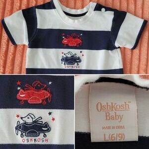 VTG OshKosh Baby B'Gosh 6/9 M Embroidered Dog in Plane Navy Striped T-shirt